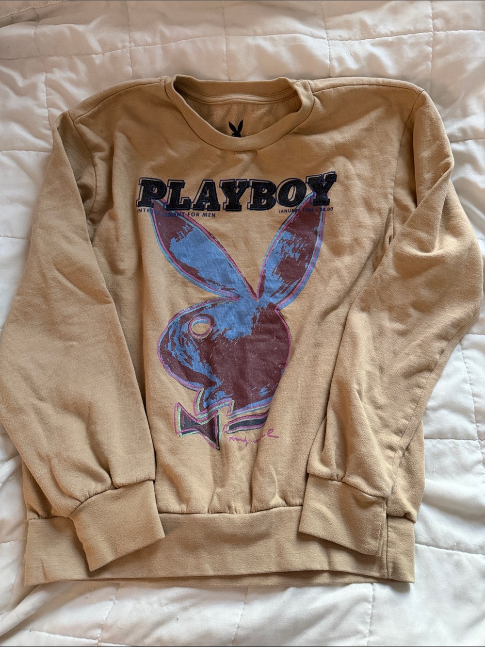 PacSun Tan Playboy Graphic Crewneck Sweatshirt with Blue and Brown Print
